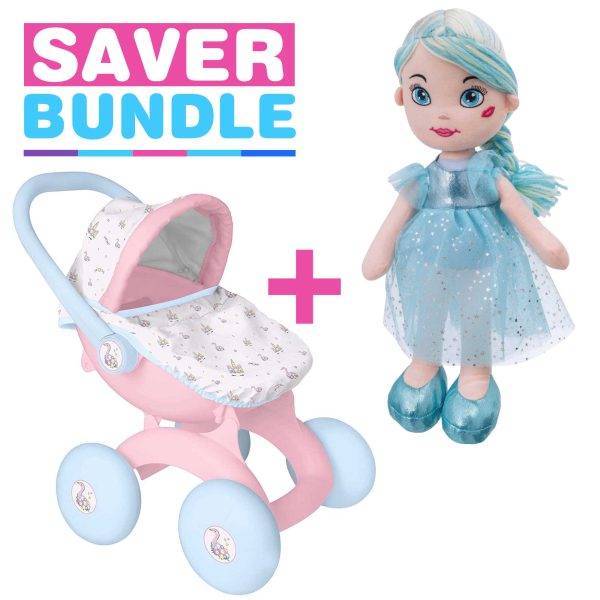 BabyBoo My First 4-IN-1 Dolls Pram + Rosie Rag Doll - Blue Bundle For Cheap