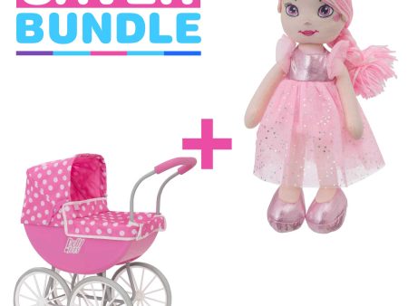 Dolly Tots My First Carriage Dolls Pram + Pink Rosie Rag Doll Bundle For Sale